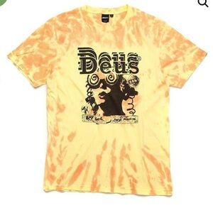 Men’s Deus yellow Juice box recycled tie dye tee size M